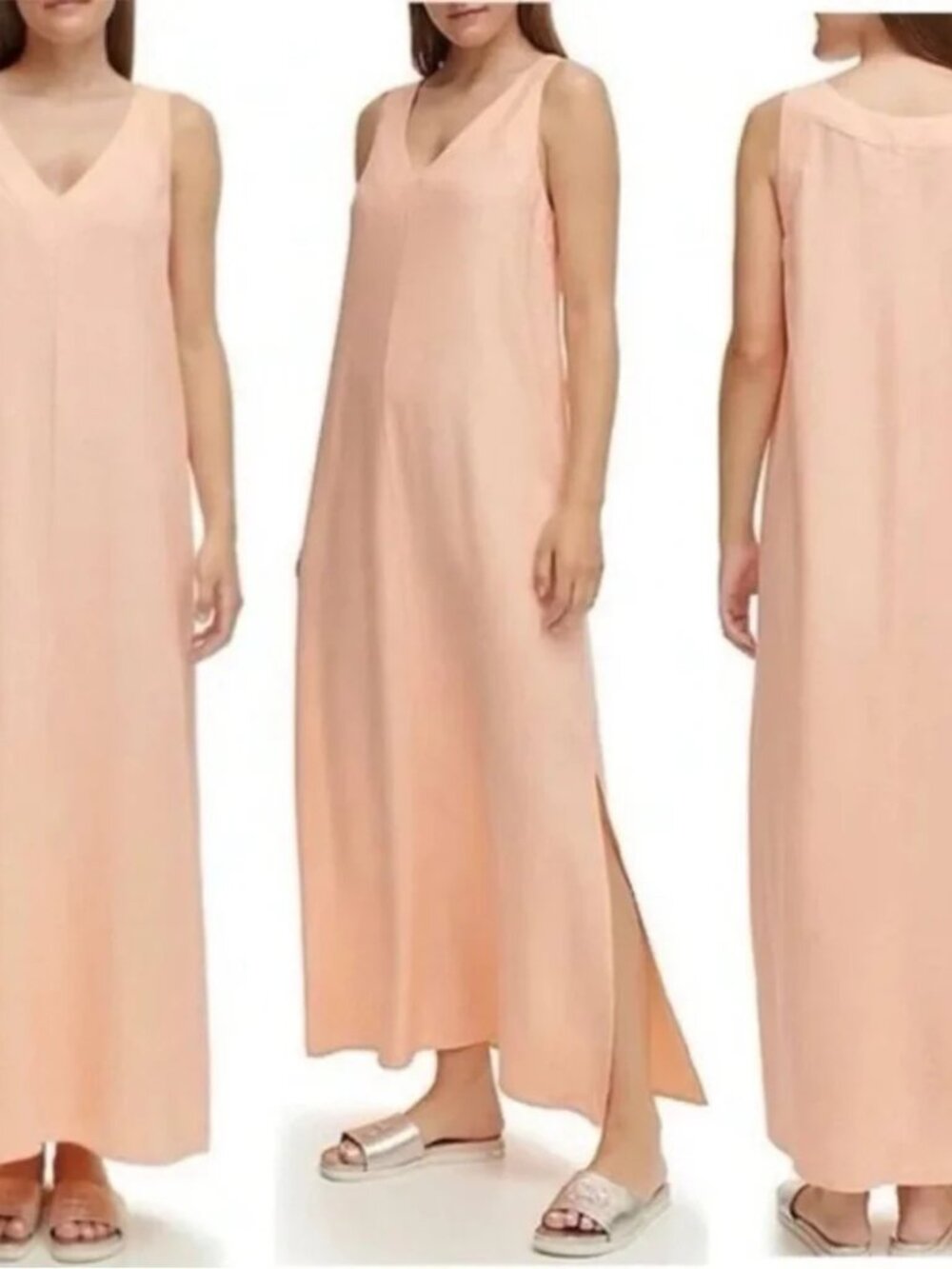 DKNY Peach Sleeveless Linen Blend V Neck Pullover Side Slits Maxi Dress Size XL